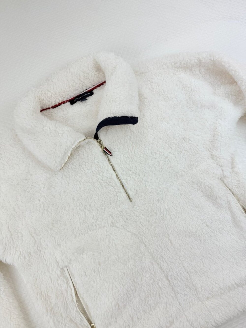 Tommy Hilfiger Womens Medium Pullover 1/2 Zip Jacket Faux Fur Zip Pockets